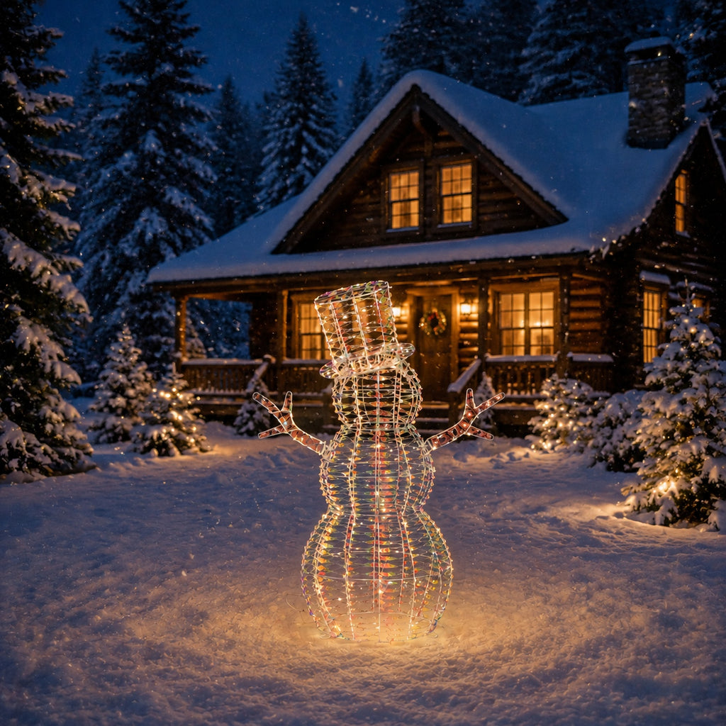 36" Warm Iridescent Lighted Snowman with Top Hat and Twig Arms, Battery Operated - media 3