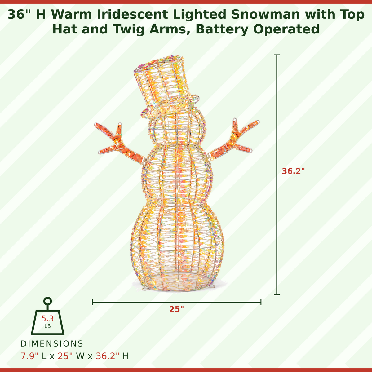 36" Warm Iridescent Lighted Snowman with Top Hat and Twig Arms, Battery Operated - media 6