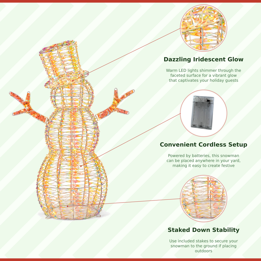 36" Warm Iridescent Lighted Snowman with Top Hat and Twig Arms, Battery Operated - media 8