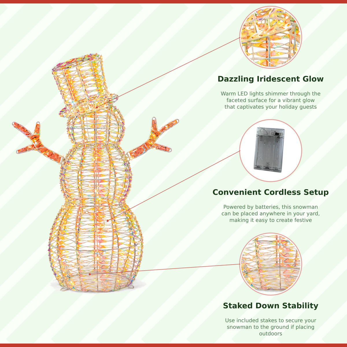 36" Warm Iridescent Lighted Snowman with Top Hat and Twig Arms, Battery Operated - media 8