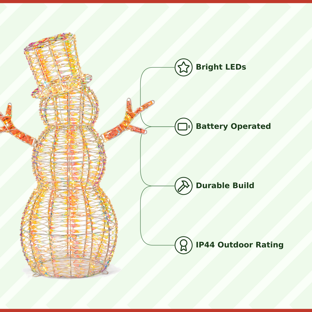 36" Warm Iridescent Lighted Snowman with Top Hat and Twig Arms, Battery Operated - media 9