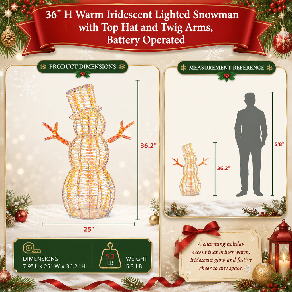 36" Warm Iridescent Lighted Snowman with Top Hat and Twig Arms, Battery Operated - media 10