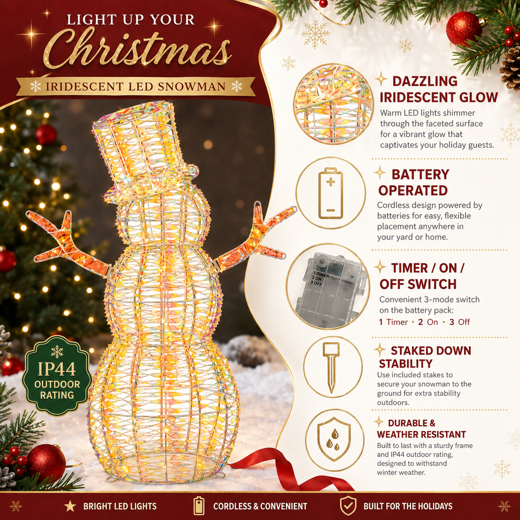 36" Warm Iridescent Lighted Snowman with Top Hat and Twig Arms, Battery Operated - media 11