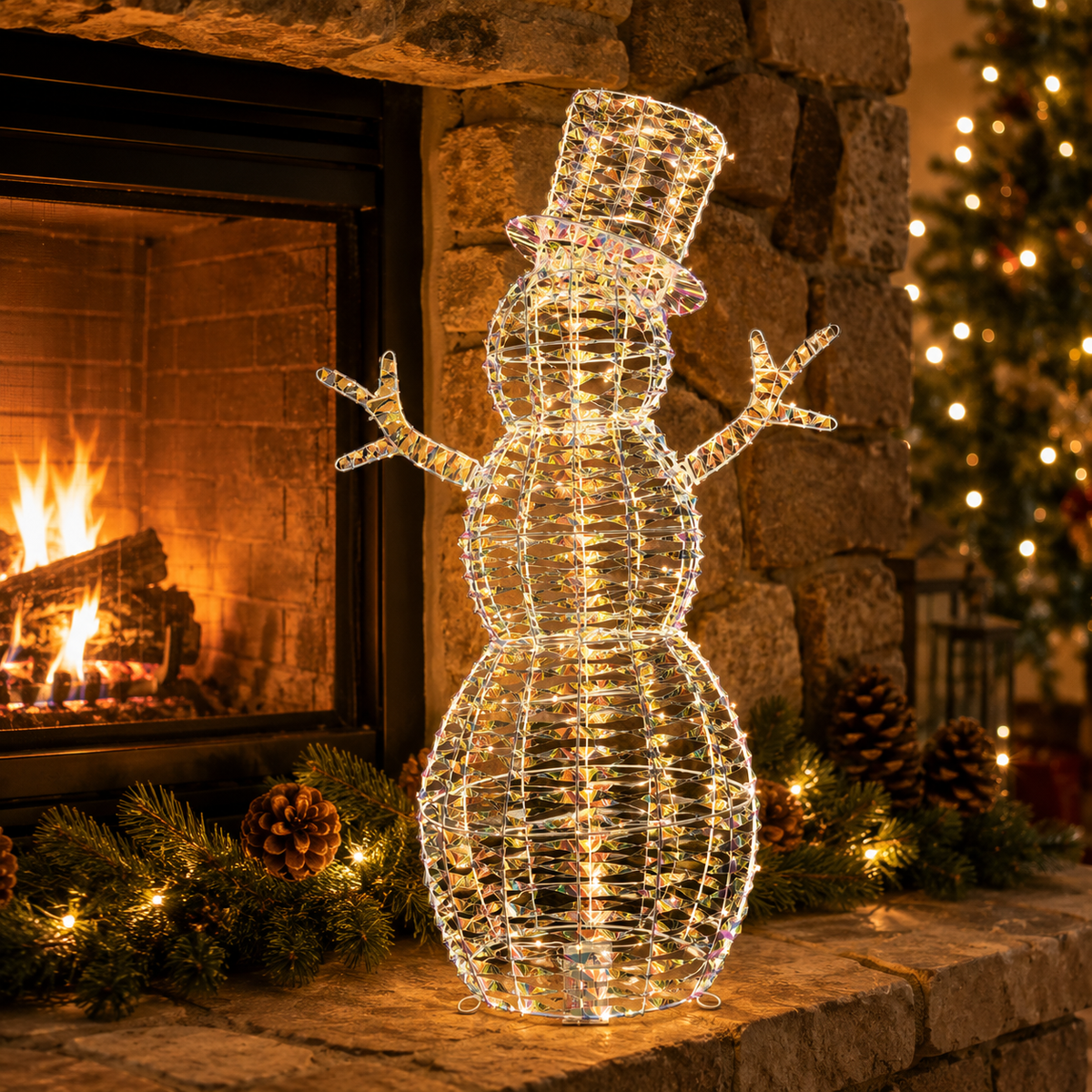 36" Warm Iridescent Lighted Snowman with Top Hat and Twig Arms, Battery Operated - media 16