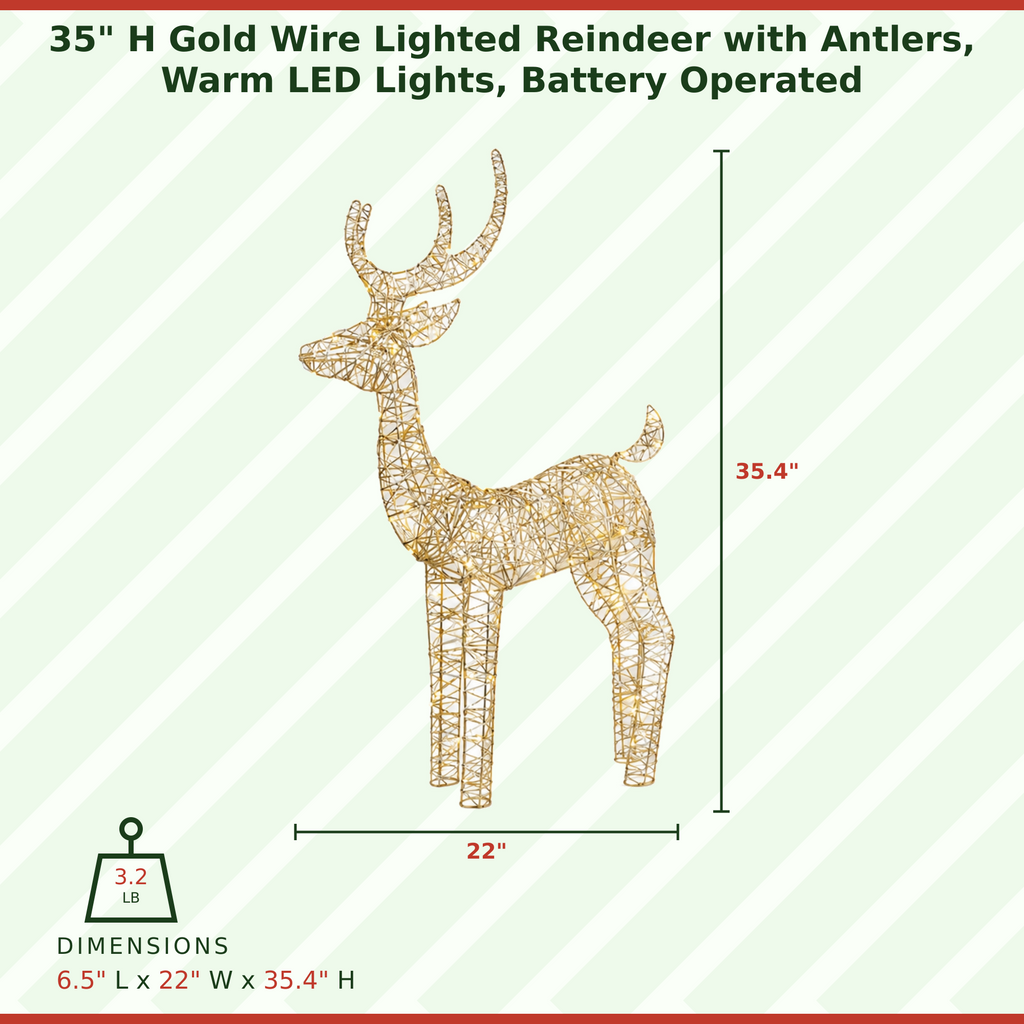 35" Gold Wire Lighted Reindeer with Antlers, Warm LED Lights, Battery Operated - media 9