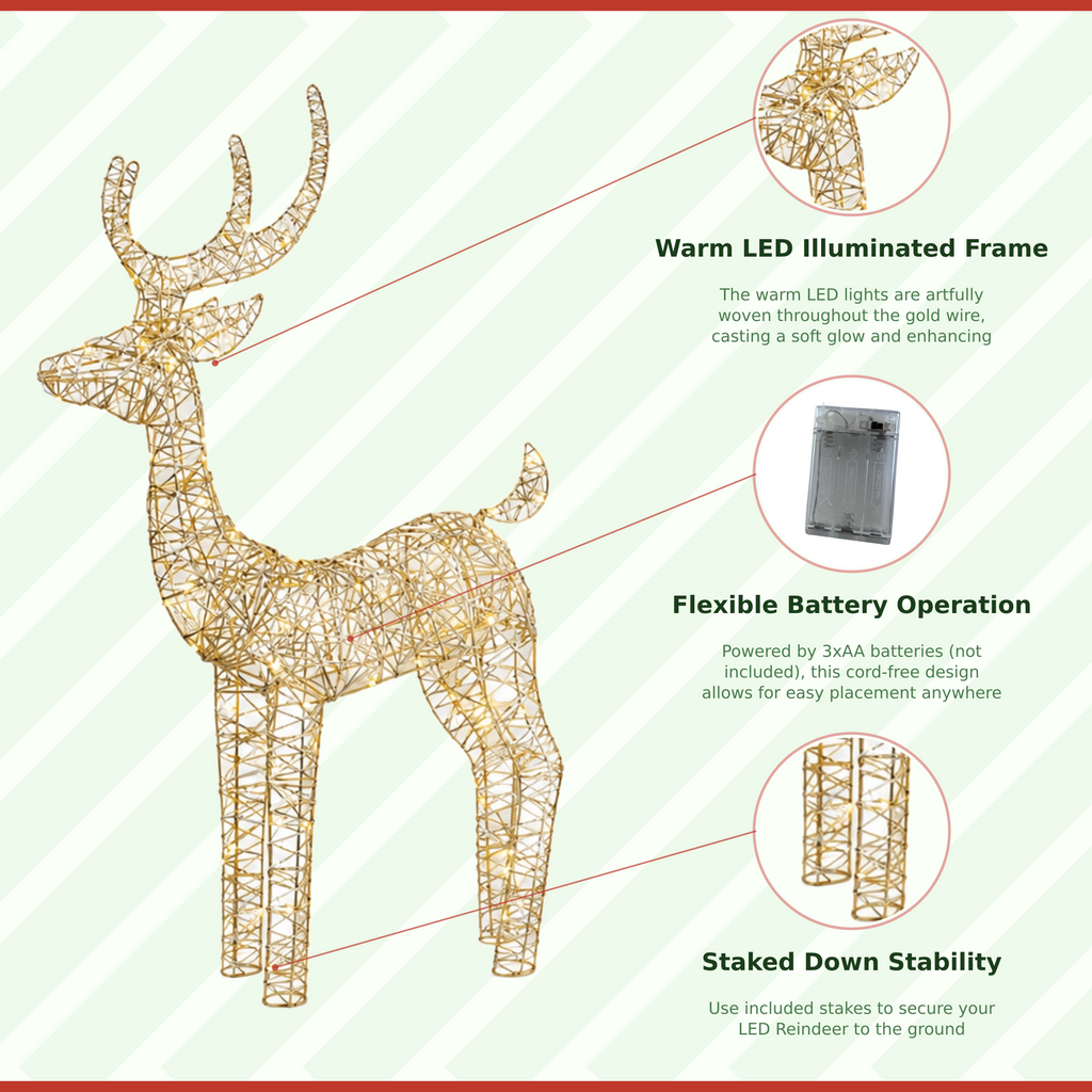35" Gold Wire Lighted Reindeer with Antlers, Warm LED Lights, Battery Operated - media 11