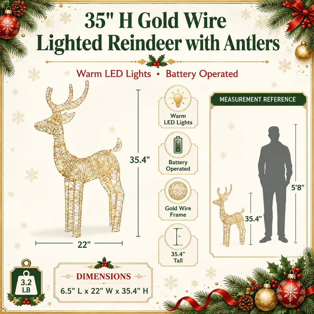 35" Gold Wire Lighted Reindeer with Antlers, Warm LED Lights, Battery Operated - media 13