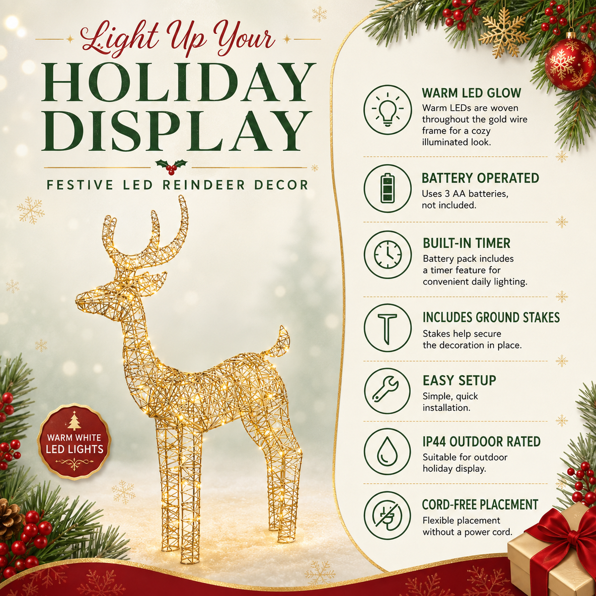 35" Gold Wire Lighted Reindeer with Antlers, Warm LED Lights, Battery Operated - media 14