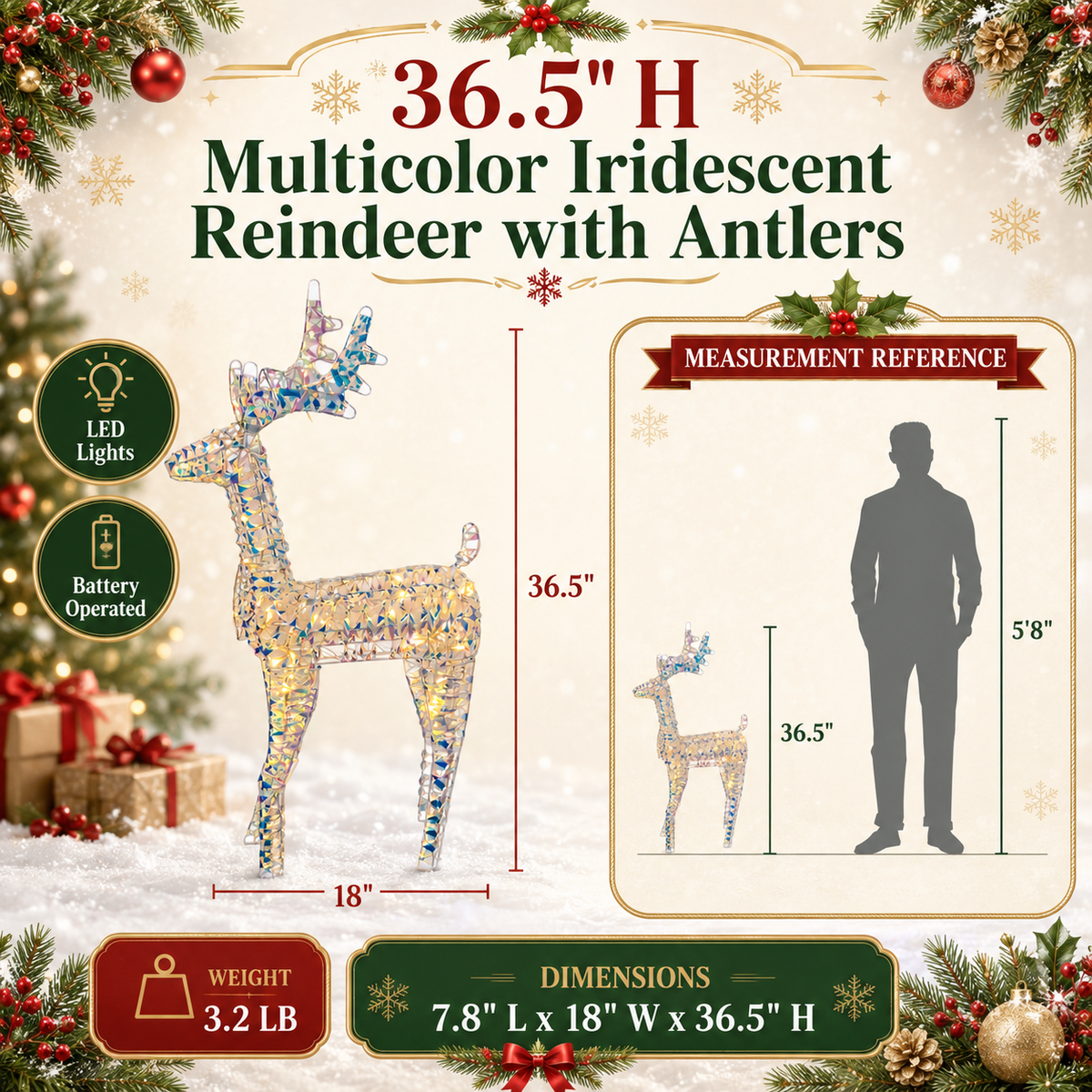 37" Multicolor Iridescent Reindeer with Antlers, Sparkling LED Lights, Battery Operated - media 12