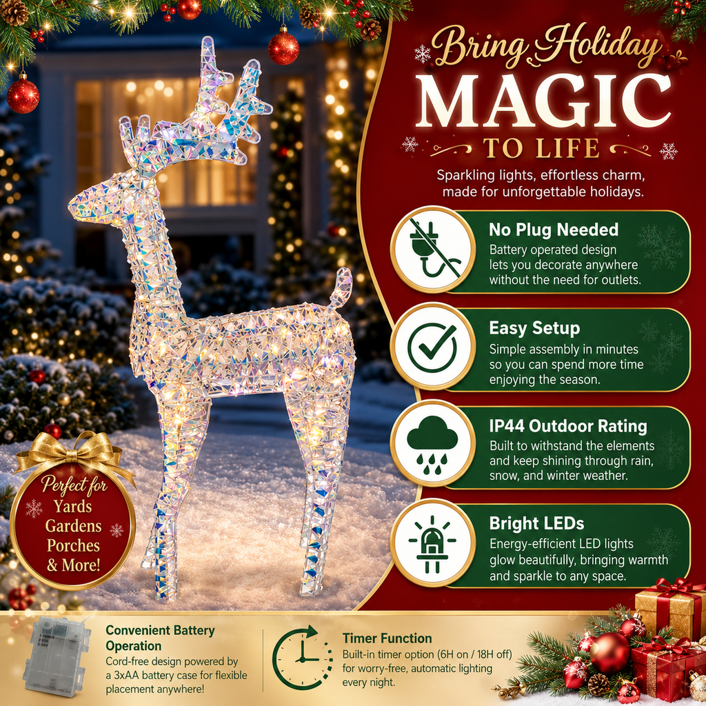 37" Multicolor Iridescent Reindeer with Antlers, Sparkling LED Lights, Battery Operated - media 13
