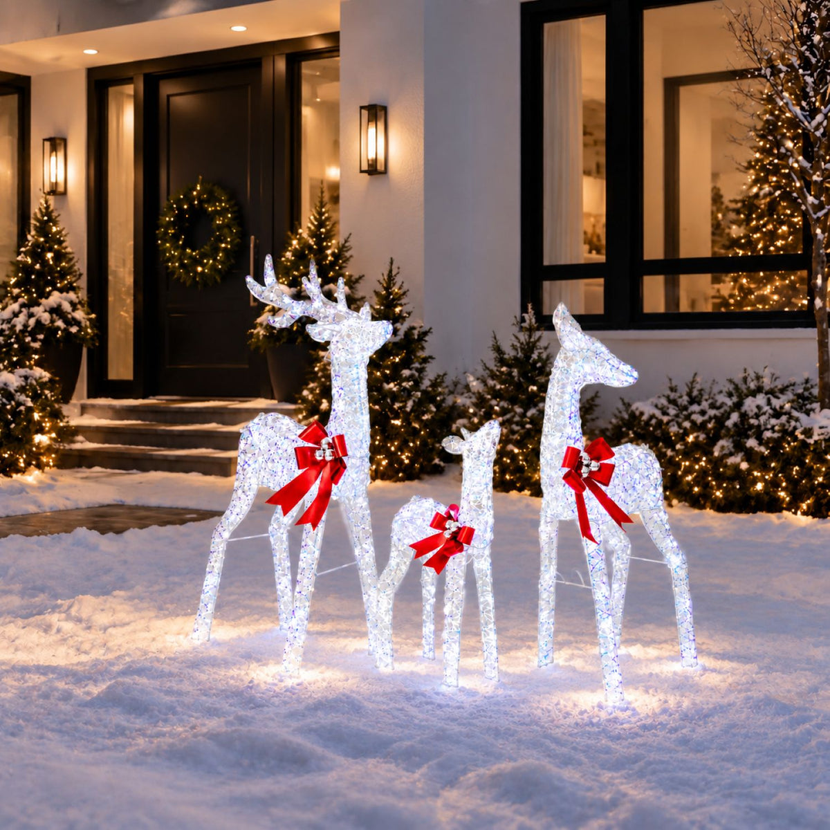 49", 43", 30" White Iridescent Deer Family Set with Warm White LED Lights, Iron Frame, Red Bow Accents - media 2