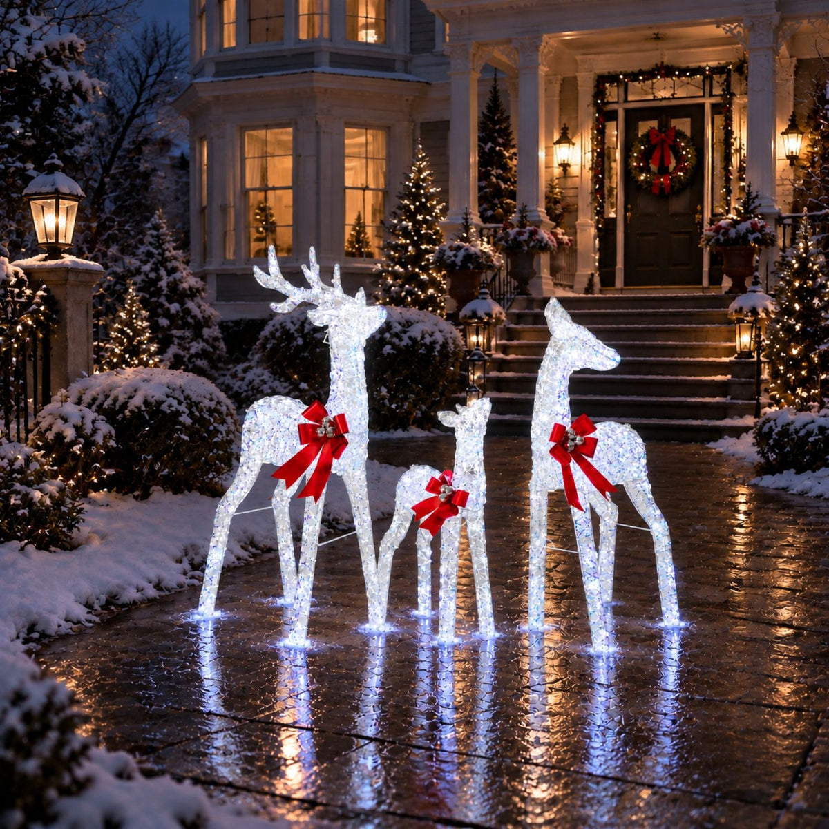 49", 43", 30" White Iridescent Deer Family Set with Warm White LED Lights, Iron Frame, Red Bow Accents - media 3