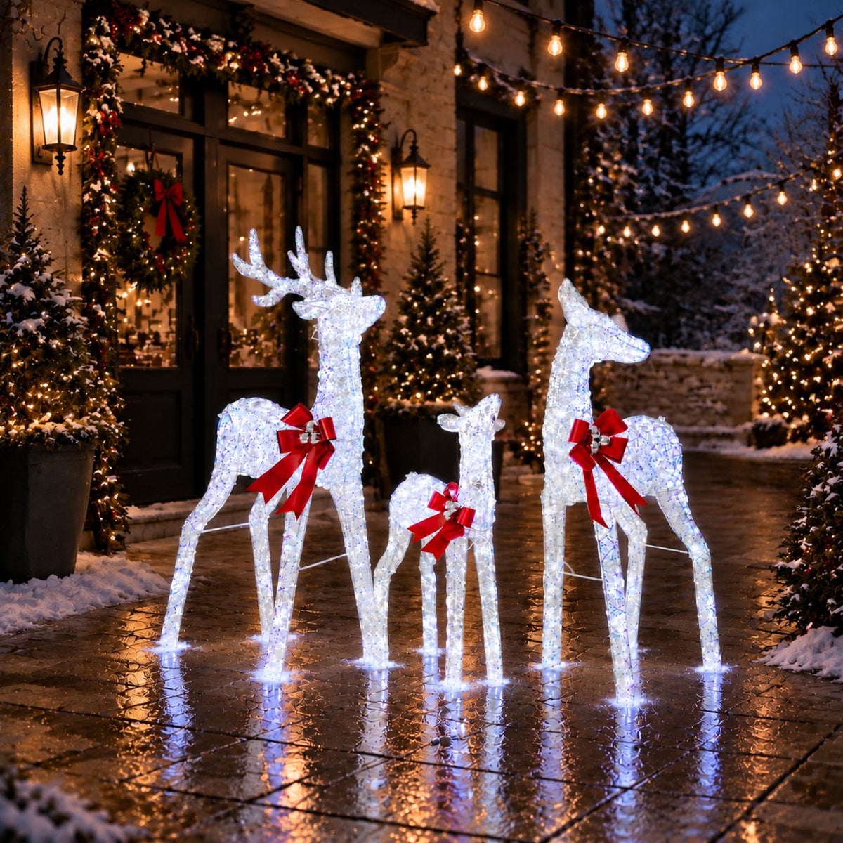 49", 43", 30" White Iridescent Deer Family Set with Warm White LED Lights, Iron Frame, Red Bow Accents - media 4