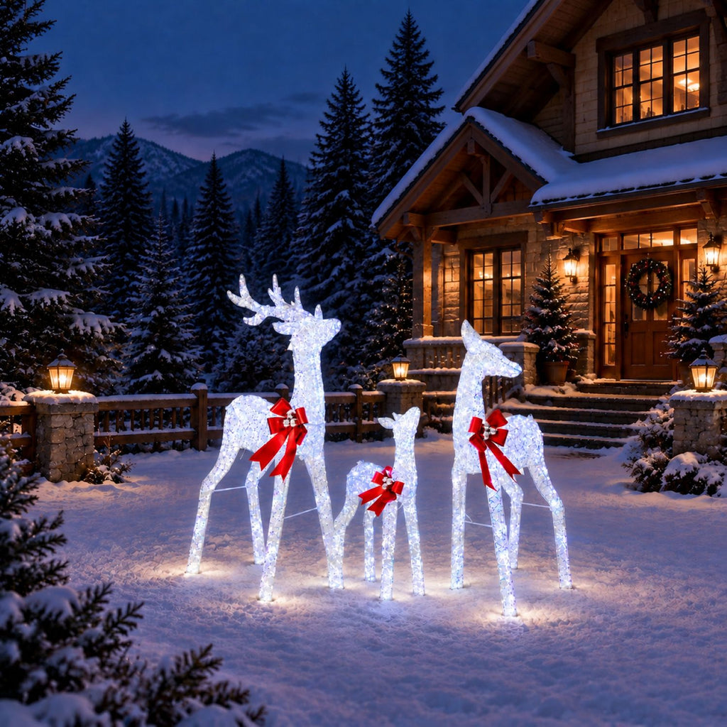 49", 43", 30" White Iridescent Deer Family Set with Warm White LED Lights, Iron Frame, Red Bow Accents - media 5