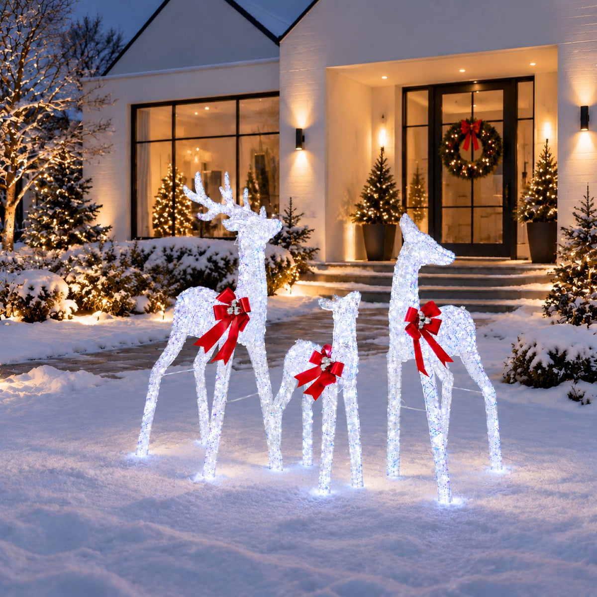 49", 43", 30" White Iridescent Deer Family Set with Warm White LED Lights, Iron Frame, Red Bow Accents - media 6