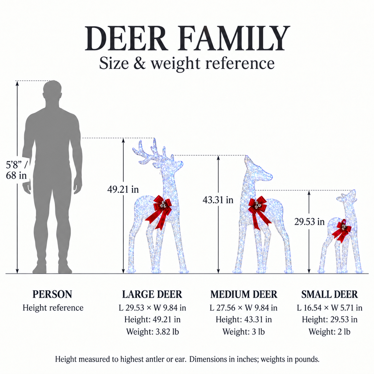 49", 43", 30" White Iridescent Deer Family Set with Warm White LED Lights, Iron Frame, Red Bow Accents - media 7
