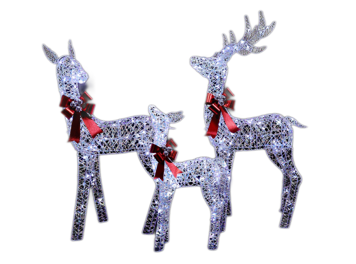 49", 43", 30" White Iridescent Deer Family Set with Warm White LED Lights, Iron Frame, Red Bow Accents - media 9