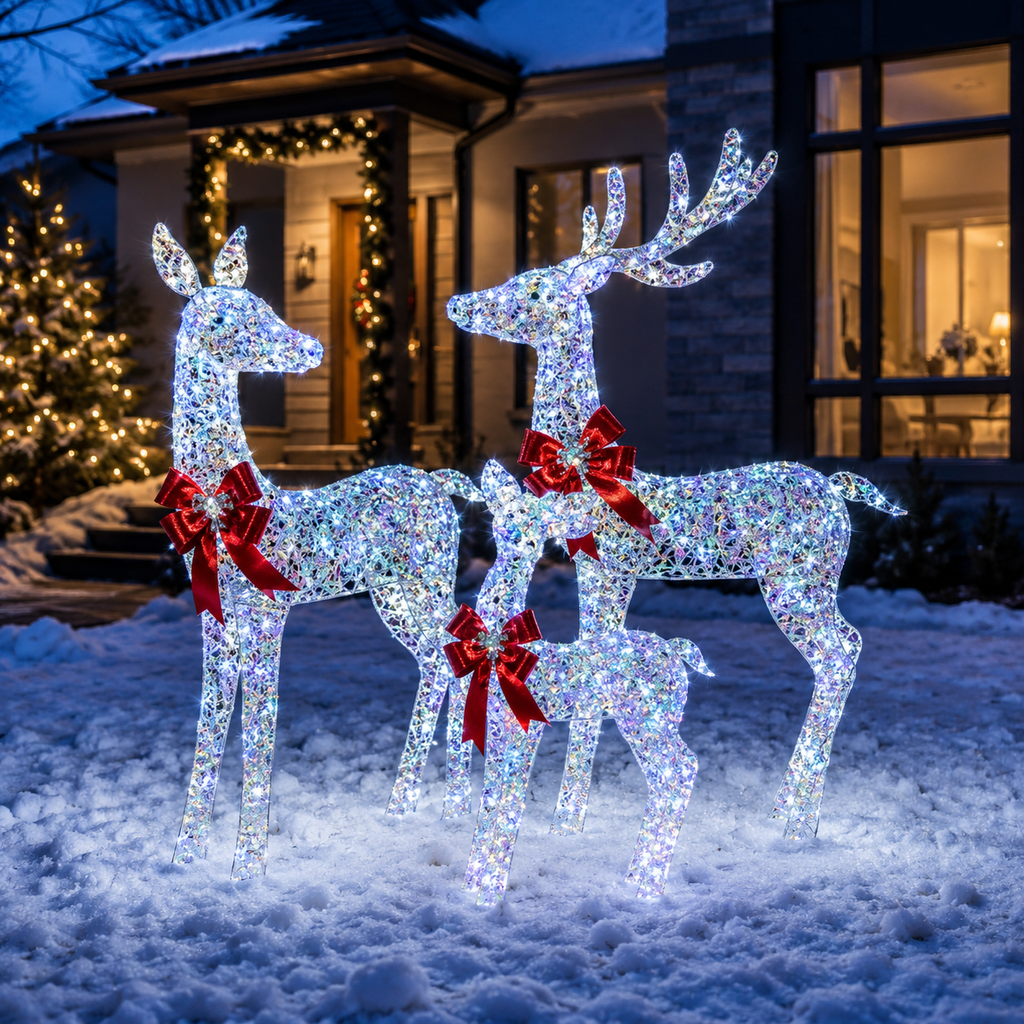 49", 43", 30" White Iridescent Deer Family Set with Warm White LED Lights, Iron Frame, Red Bow Accents - media 10