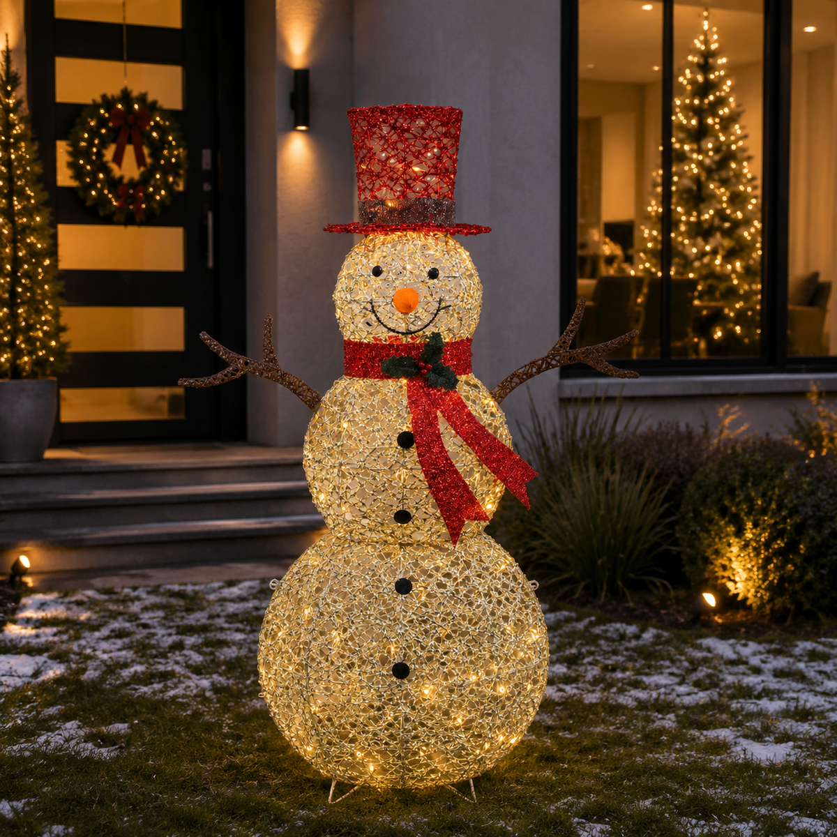 48" Champagne Gold Lighted Snowman with Top Hat, Scarf, and Twig Arms, Warm White LED Lights - media 1