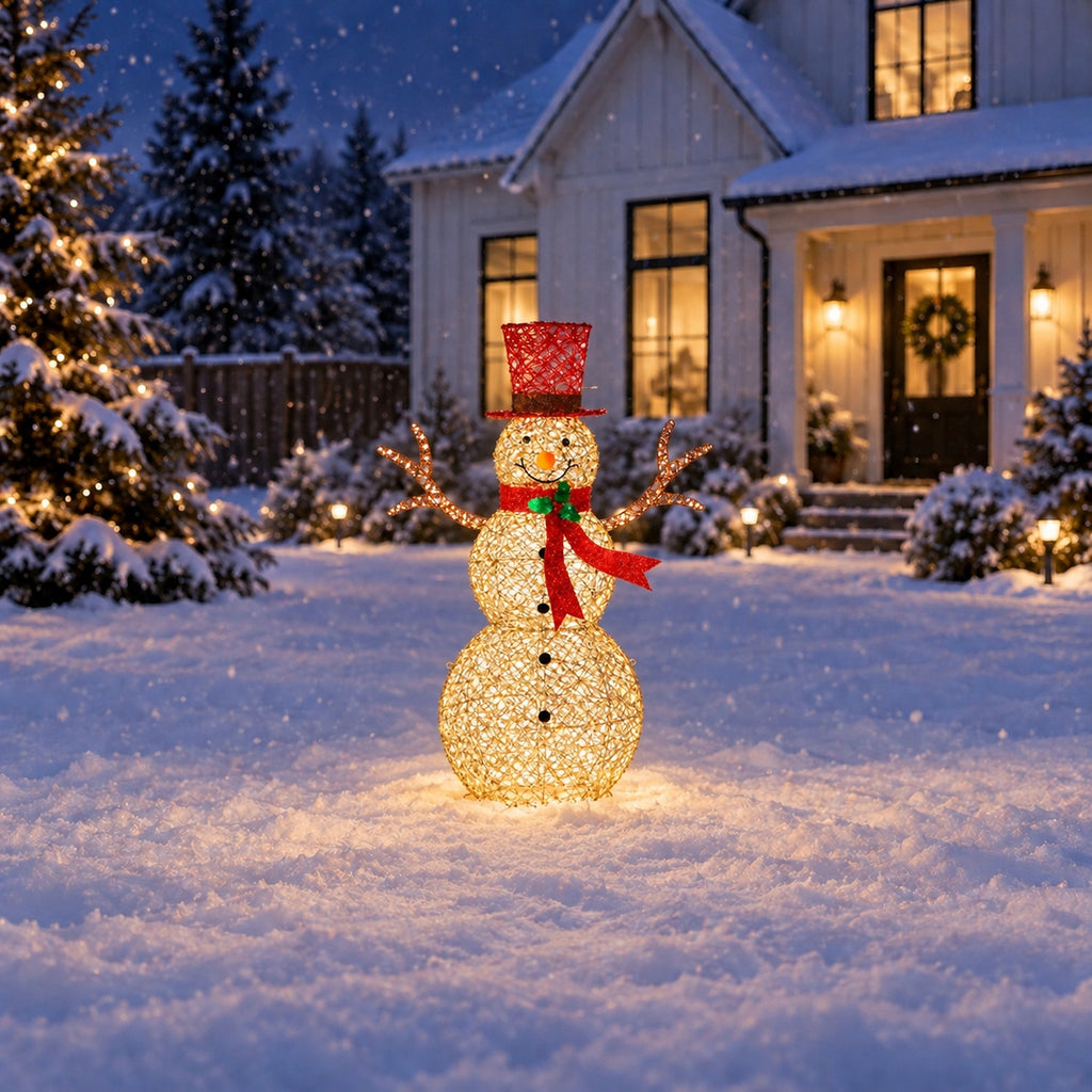 48" Champagne Gold Lighted Snowman with Top Hat, Scarf, and Twig Arms, Warm White LED Lights - media 2