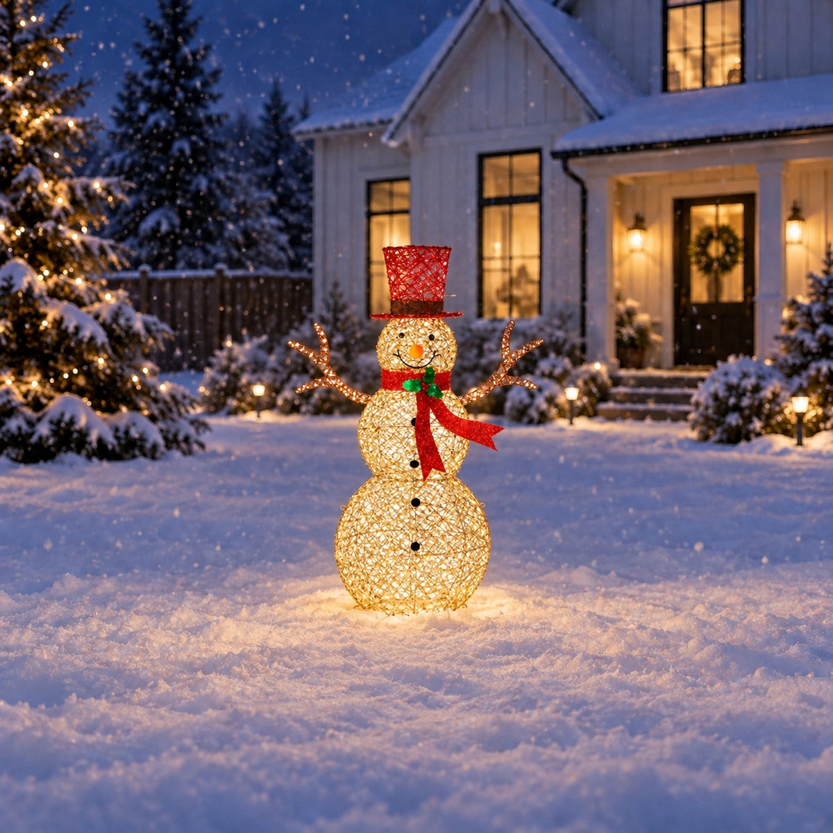 48" Champagne Gold Lighted Snowman with Top Hat, Scarf, and Twig Arms, Warm White LED Lights - media 2
