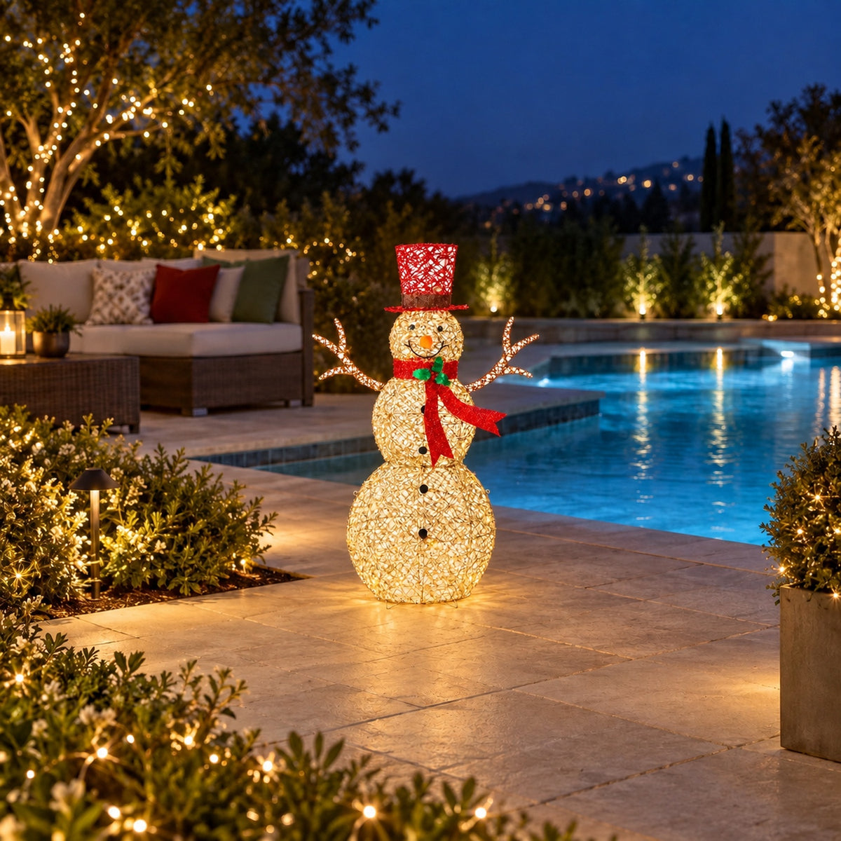 48" Champagne Gold Lighted Snowman with Top Hat, Scarf, and Twig Arms, Warm White LED Lights - media 3