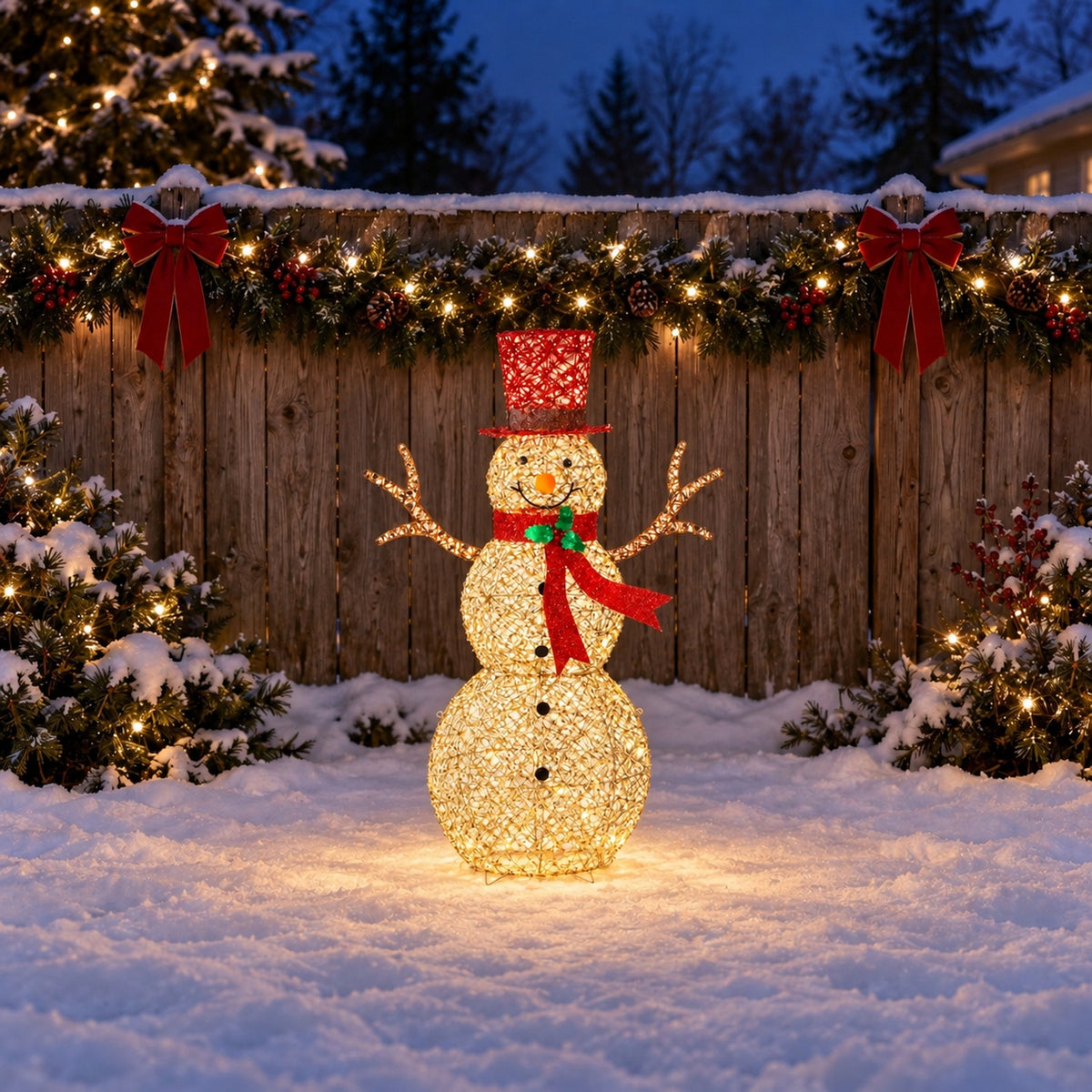48" Champagne Gold Lighted Snowman with Top Hat, Scarf, and Twig Arms, Warm White LED Lights - media 4