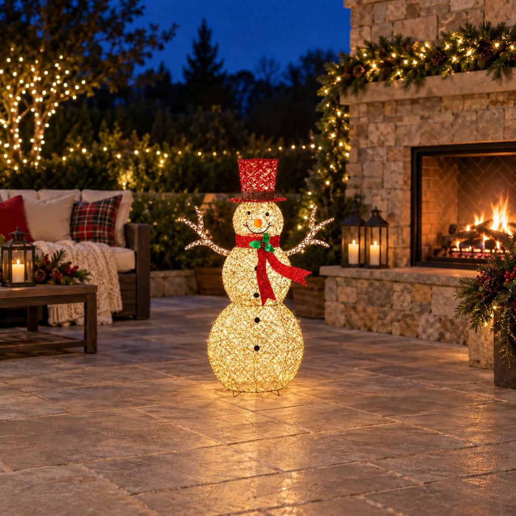 48" Champagne Gold Lighted Snowman with Top Hat, Scarf, and Twig Arms, Warm White LED Lights - media 5