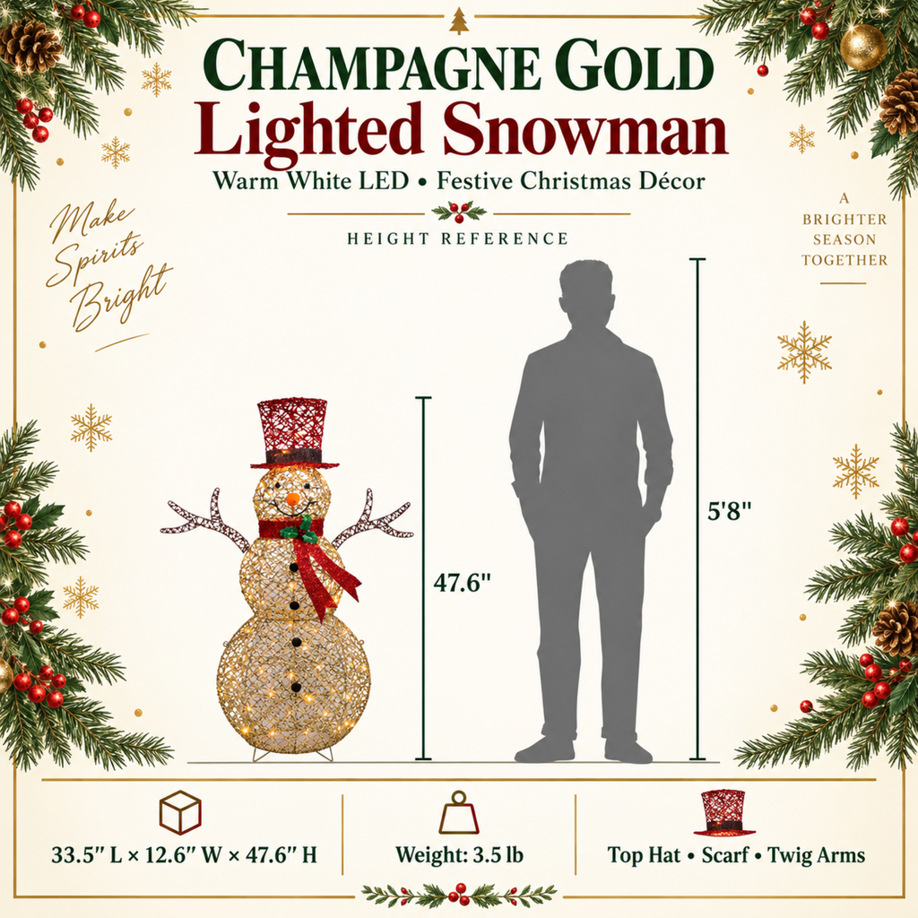 48" Champagne Gold Lighted Snowman with Top Hat, Scarf, and Twig Arms, Warm White LED Lights - media 6