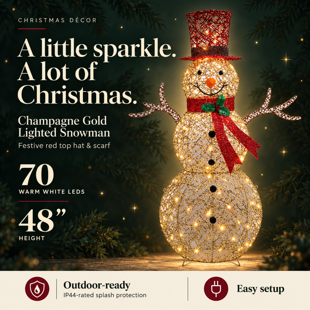 48" Champagne Gold Lighted Snowman with Top Hat, Scarf, and Twig Arms, Warm White LED Lights - media 7
