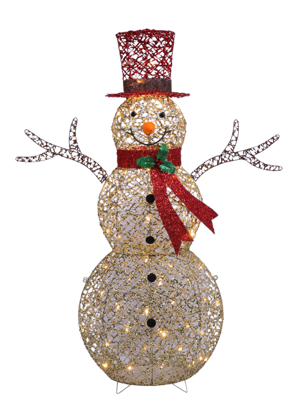 48" Champagne Gold Lighted Snowman with Top Hat, Scarf, and Twig Arms, Warm White LED Lights - media 9