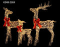 49", 43", 30" Champagne Gold Wire Deer Family Set with Warm White LED Lights, Red Bow Accents - media 1