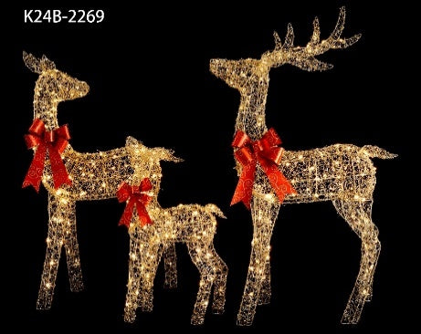 49", 43", 30" Champagne Gold Wire Deer Family Set with Warm White LED Lights, Red Bow Accents - media 1