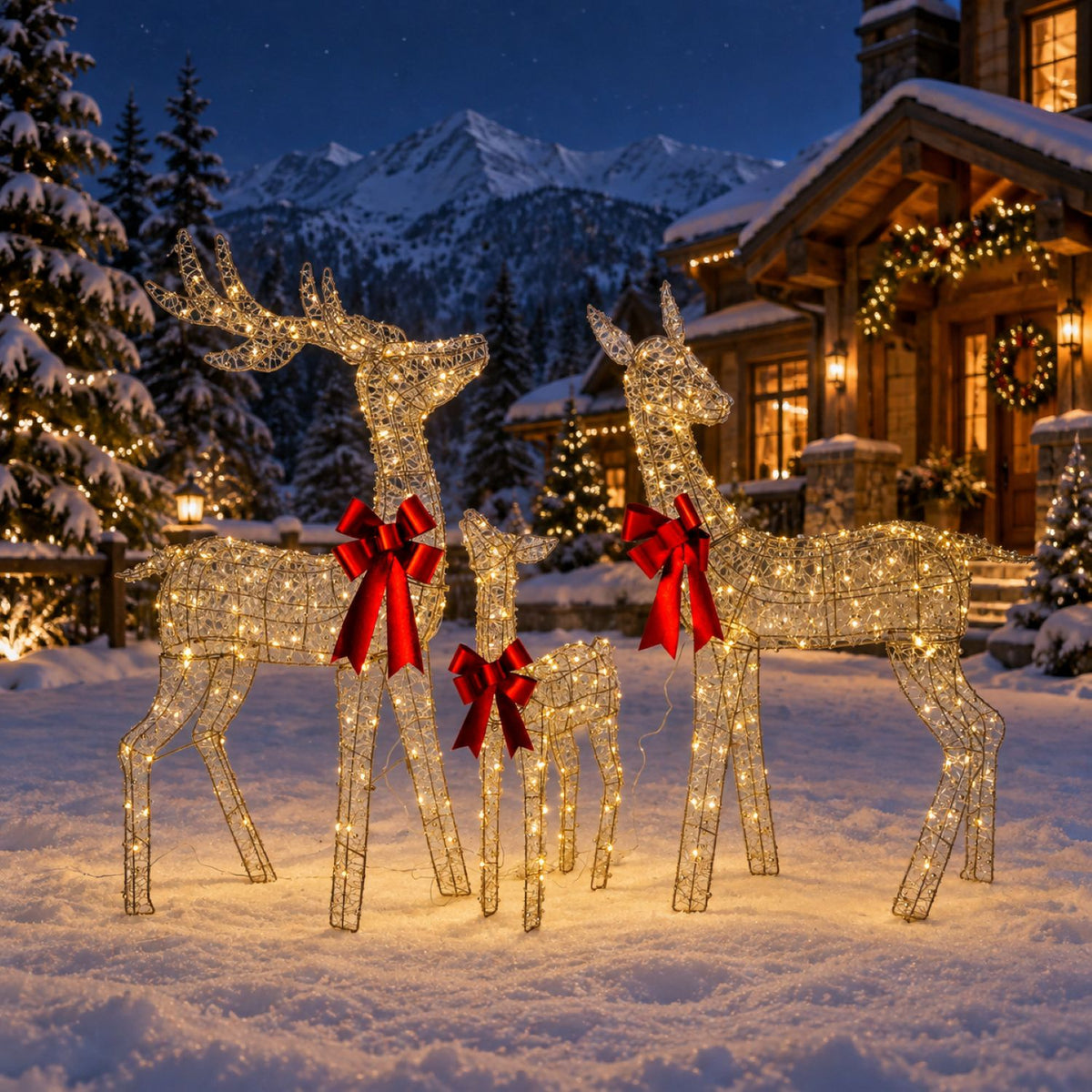 49", 43", 30" Champagne Gold Wire Deer Family Set with Warm White LED Lights, Red Bow Accents - media 2