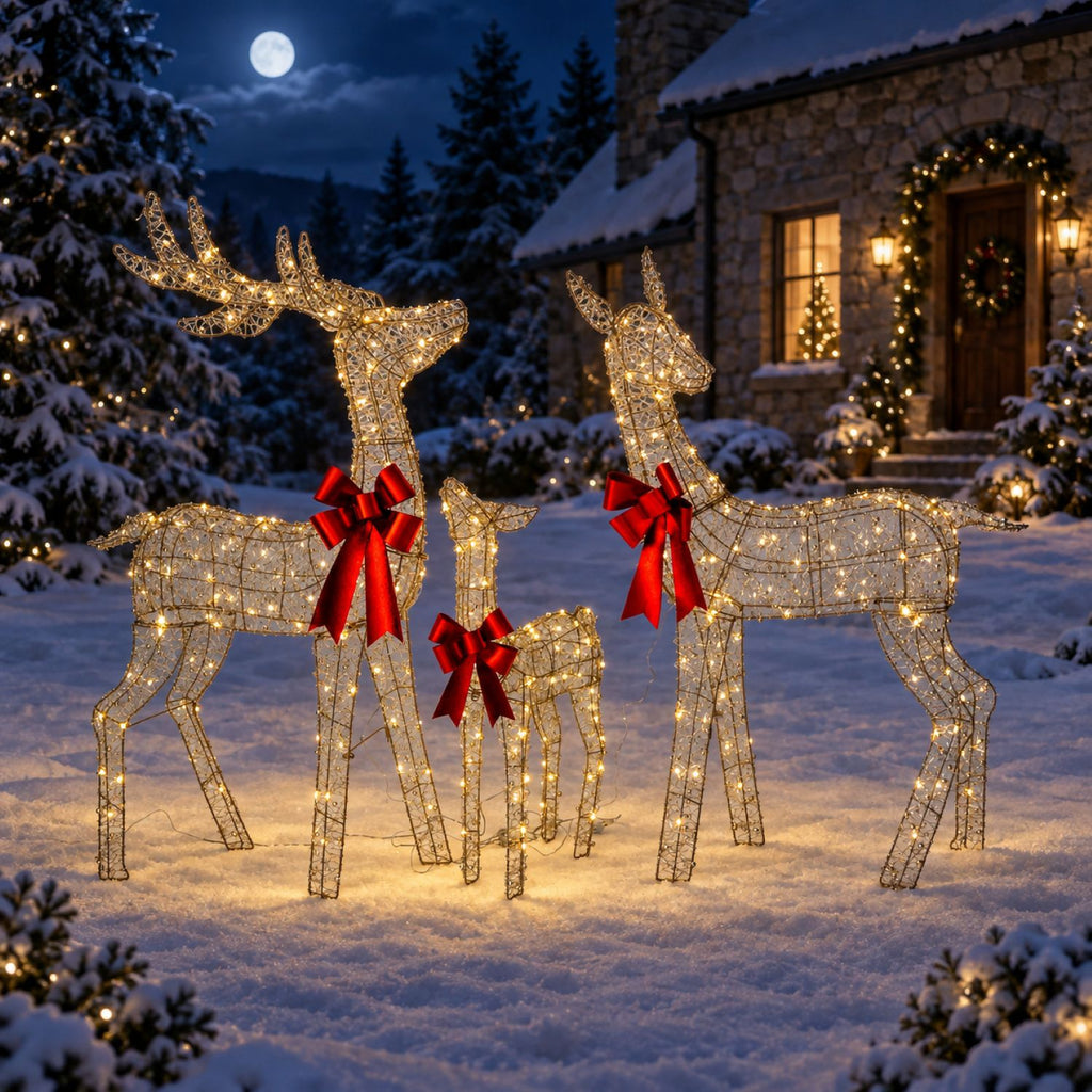 49", 43", 30" Champagne Gold Wire Deer Family Set with Warm White LED Lights, Red Bow Accents - media 3