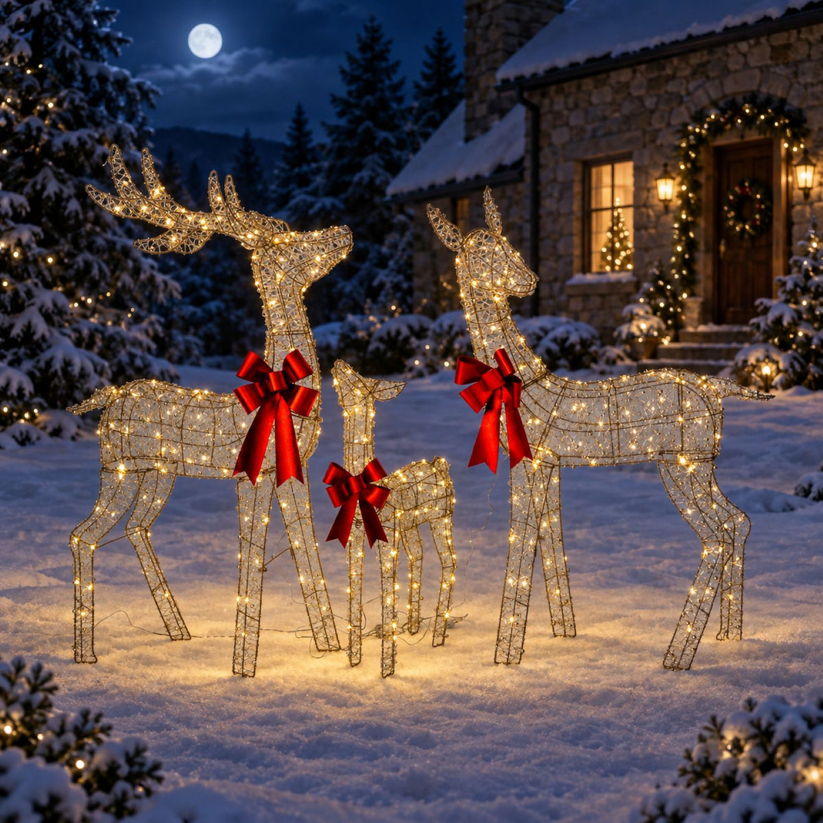 49", 43", 30" Champagne Gold Wire Deer Family Set with Warm White LED Lights, Red Bow Accents - media 3