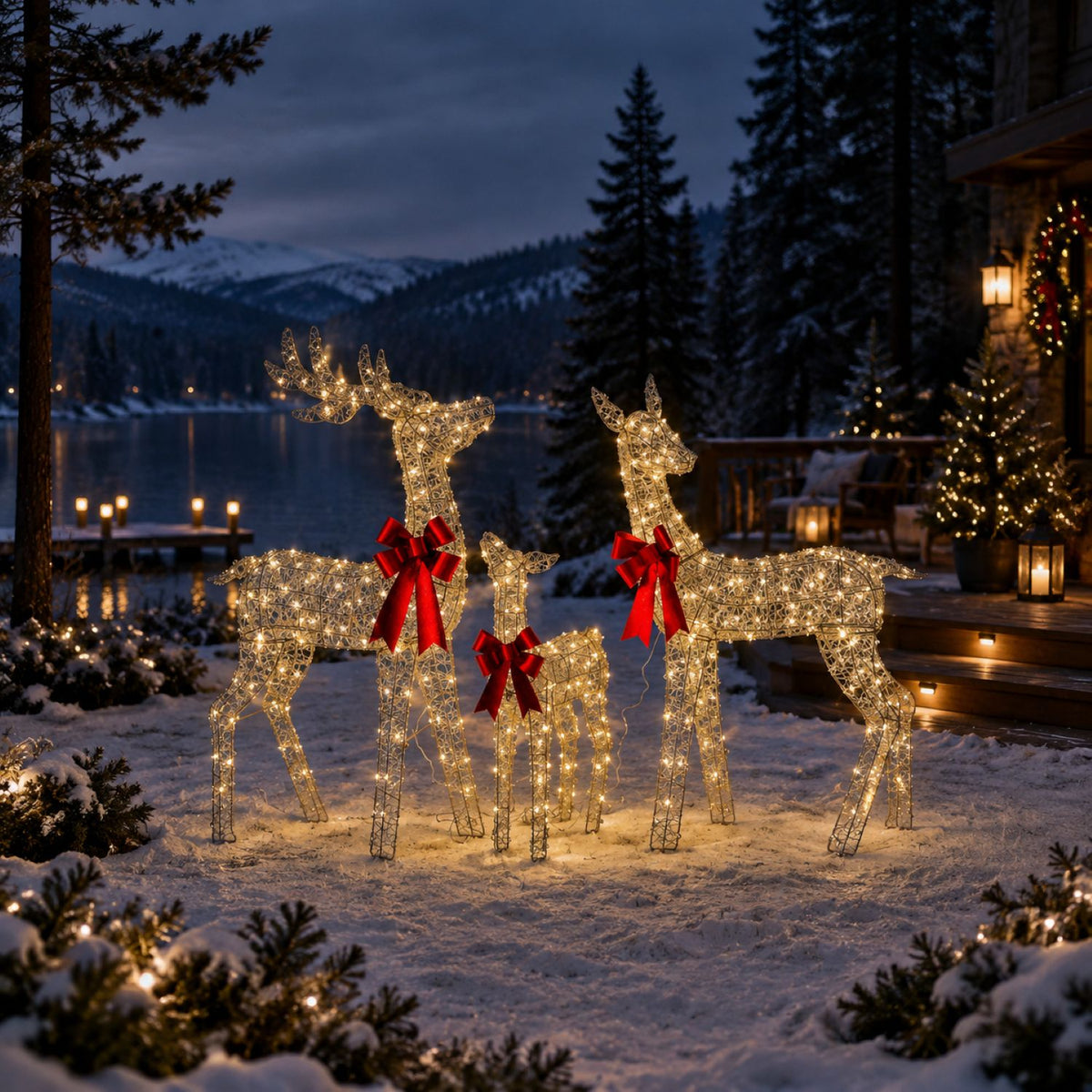 49", 43", 30" Champagne Gold Wire Deer Family Set with Warm White LED Lights, Red Bow Accents - media 4
