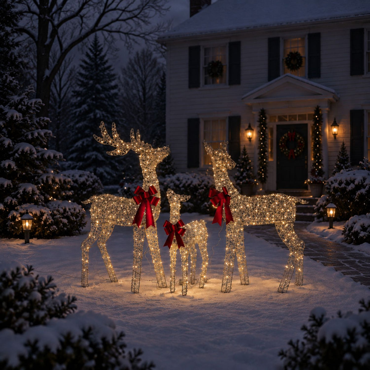 49", 43", 30" Champagne Gold Wire Deer Family Set with Warm White LED Lights, Red Bow Accents - media 5