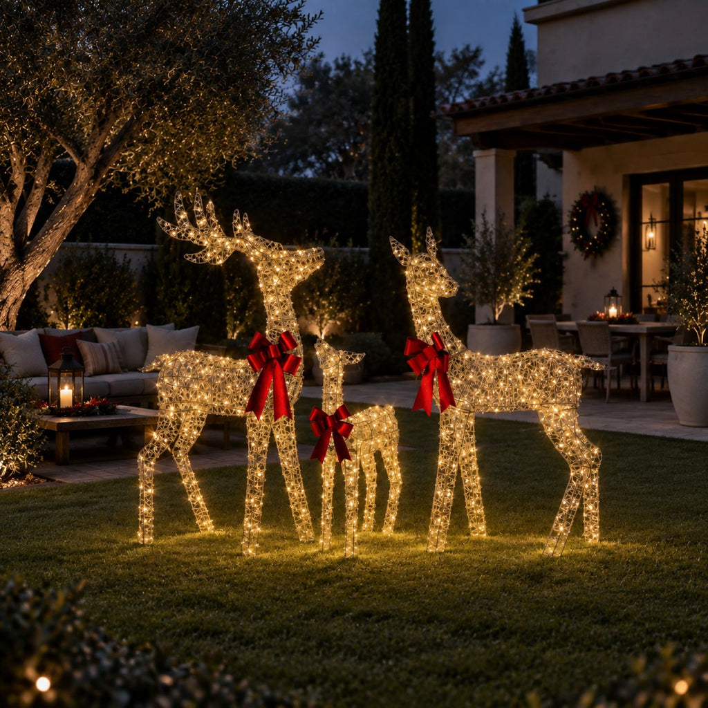 49", 43", 30" Champagne Gold Wire Deer Family Set with Warm White LED Lights, Red Bow Accents - media 6