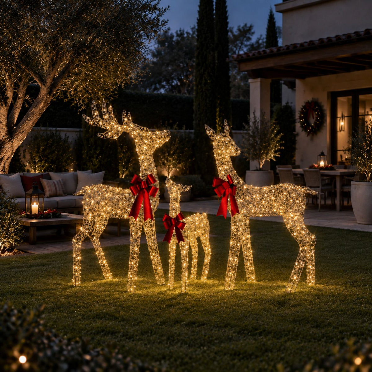 49", 43", 30" Champagne Gold Wire Deer Family Set with Warm White LED Lights, Red Bow Accents - media 6
