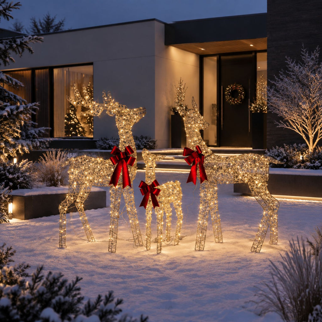 49", 43", 30" Champagne Gold Wire Deer Family Set with Warm White LED Lights, Red Bow Accents - media 7