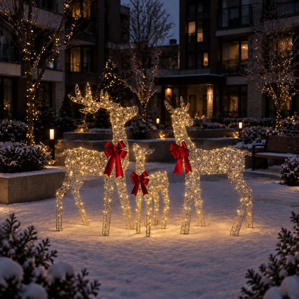 49", 43", 30" Champagne Gold Wire Deer Family Set with Warm White LED Lights, Red Bow Accents - media 8
