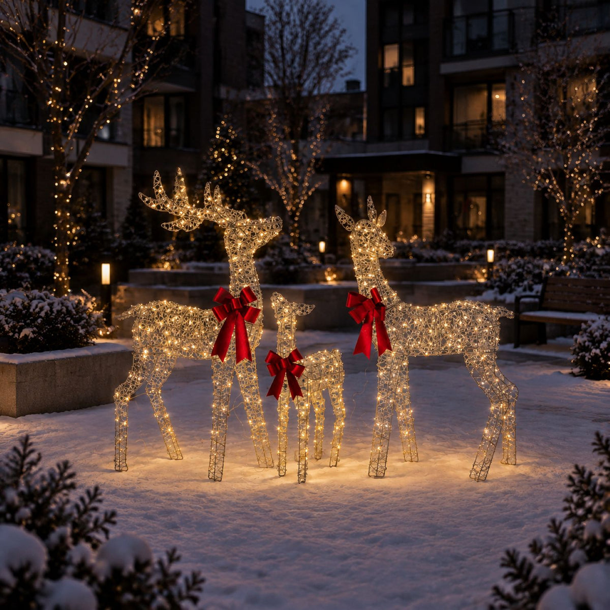 49", 43", 30" Champagne Gold Wire Deer Family Set with Warm White LED Lights, Red Bow Accents - media 8