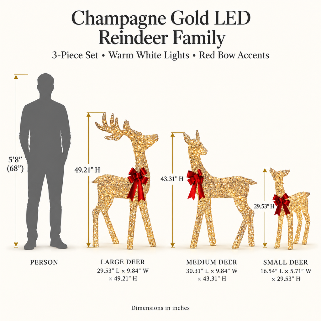 49", 43", 30" Champagne Gold Wire Deer Family Set with Warm White LED Lights, Red Bow Accents - media 9