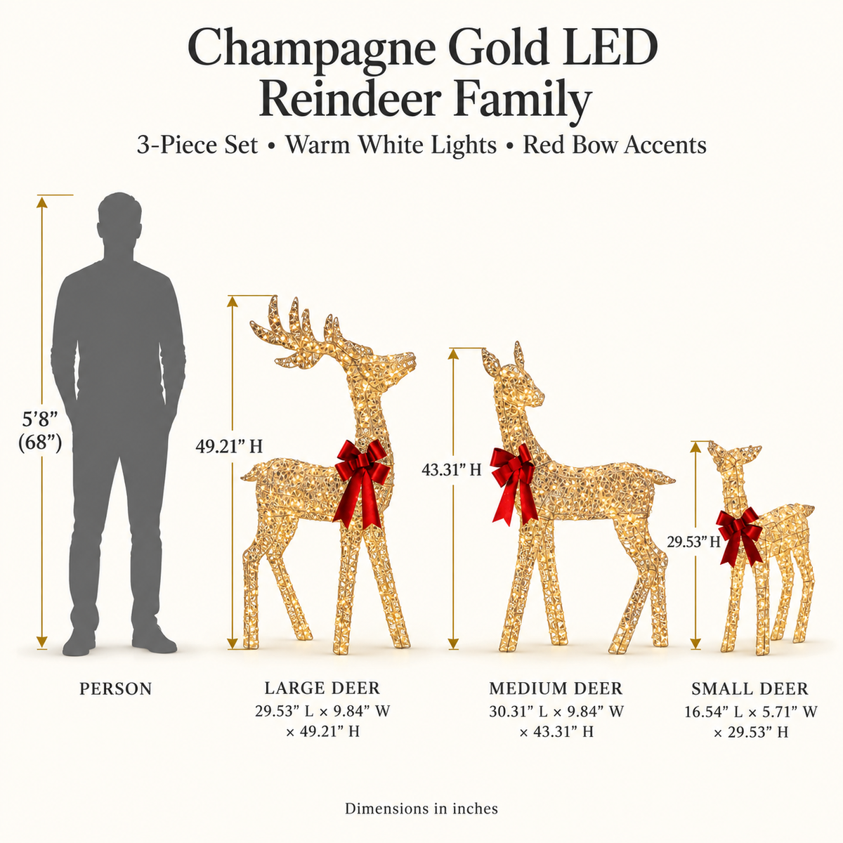 49", 43", 30" Champagne Gold Wire Deer Family Set with Warm White LED Lights, Red Bow Accents - media 9