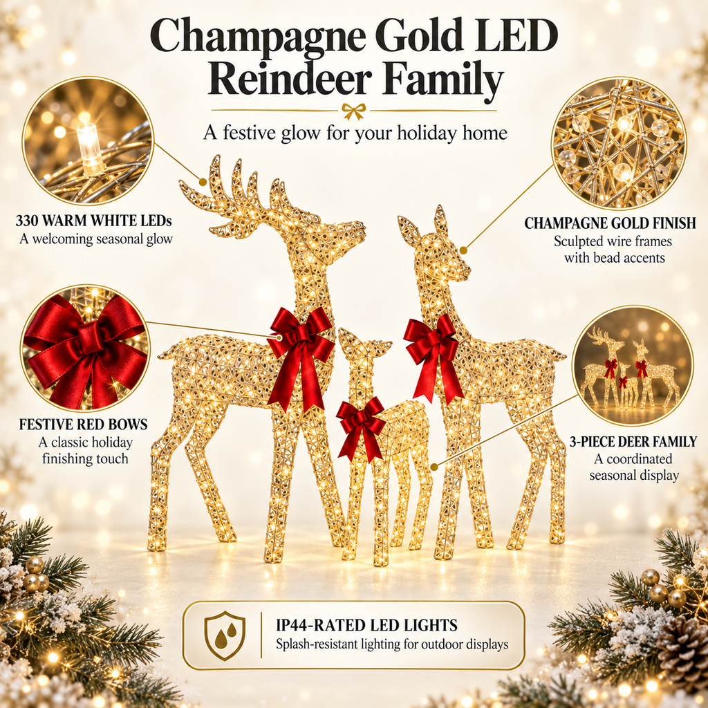 49", 43", 30" Champagne Gold Wire Deer Family Set with Warm White LED Lights, Red Bow Accents - media 10