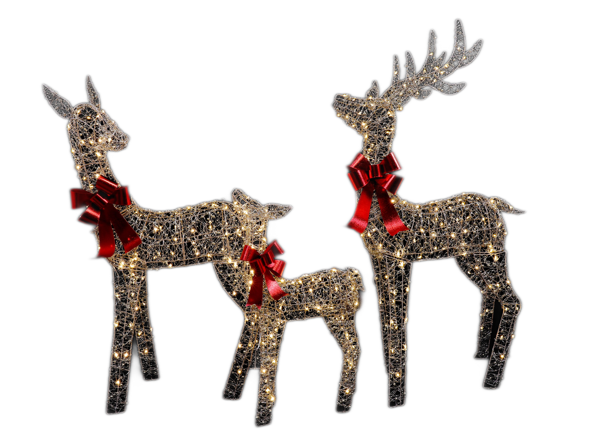 49", 43", 30" Champagne Gold Wire Deer Family Set with Warm White LED Lights, Red Bow Accents - media 11