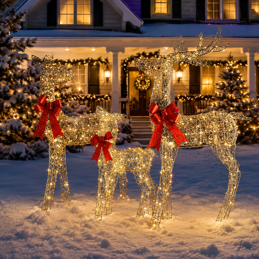 49", 43", 30" Champagne Gold Wire Deer Family Set with Warm White LED Lights, Red Bow Accents - media 13