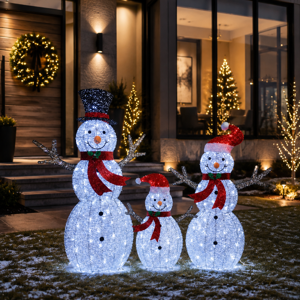 42", 37", 24" White Glitter Snowman Family Set with Top Hats, Scarves, Warm White LED Lights - media 1