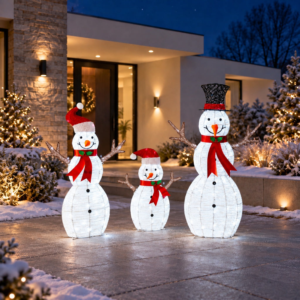 42", 37", 24" White Glitter Snowman Family Set with Top Hats, Scarves, Warm White LED Lights - media 2